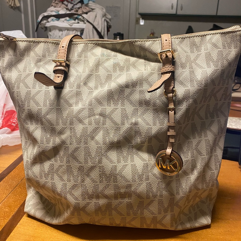 Michael Kors Cream Logo Tote with Tan Straps and Gold MK Charm